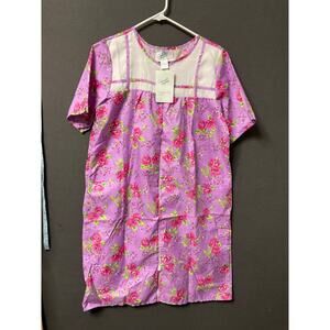 NWT Women's Casual Nights Purple Nightgown, S, Floral, Full Zip Closure